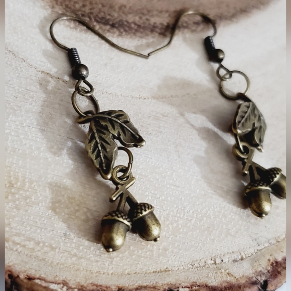 Acorn earrings leafs bronze handmade NEW fall autumn Thanksgiving gift vtg style - Picture 11 of 14